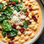 One pot creamy tuscan bean and sundried tomato skillet - the image is a close-up of a bowl of white bean soup. the soup is a creamy orange color and appears to be thick and creamy. it is garnished with fresh spinach leaves, red chili peppers, and grated cheese. the bowl is made of ceramic and is sitting on a dark grey surface. the overall appearance of the soup is fresh and appetizing.