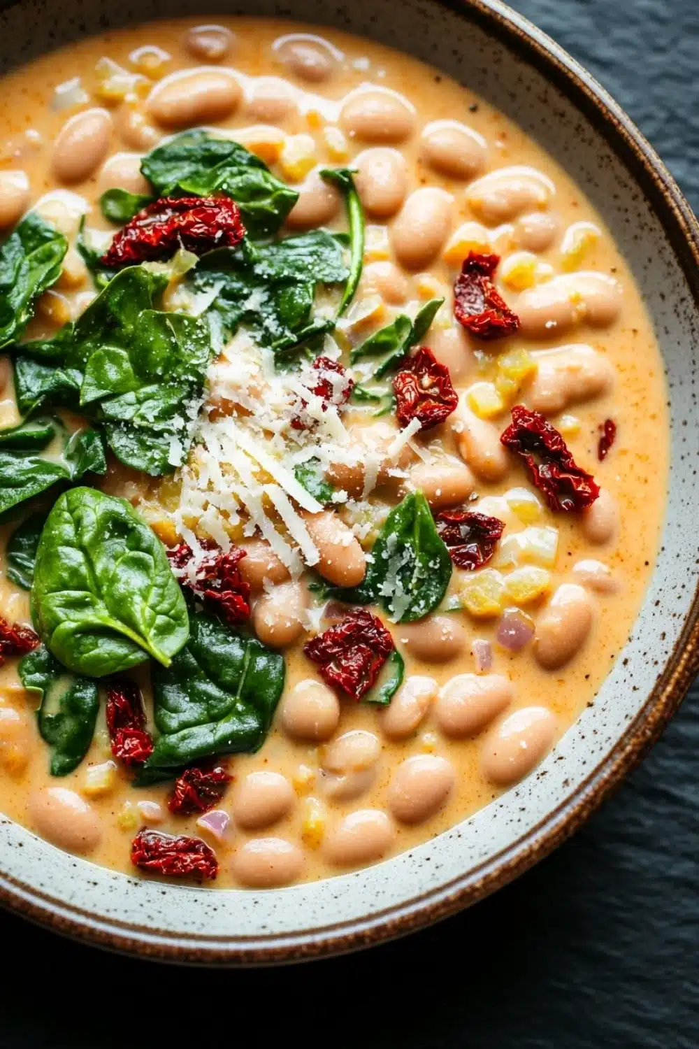 One pot creamy tuscan bean and sundried tomato skillet - the image is a close-up of a bowl of white bean soup. the soup is a creamy orange color and appears to be thick and creamy. it is garnished with fresh spinach leaves, red chili peppers, and grated cheese. the bowl is made of ceramic and is sitting on a dark grey surface. the overall appearance of the soup is fresh and appetizing.