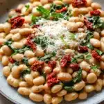 One pot creamy tuscan bean and sundried tomato skillet - the image is a close-up of a plate of white beans with spinach and sun-dried tomatoes. the beans are white and appear to be cooked until they are soft and fluffy. the spinach is a vibrant green color and is scattered throughout the dish. on top of the beans, there is a generous amount of grated parmesan cheese. the plate is gray and has a textured surface. the background is blurred, but it appears to be a wooden table.