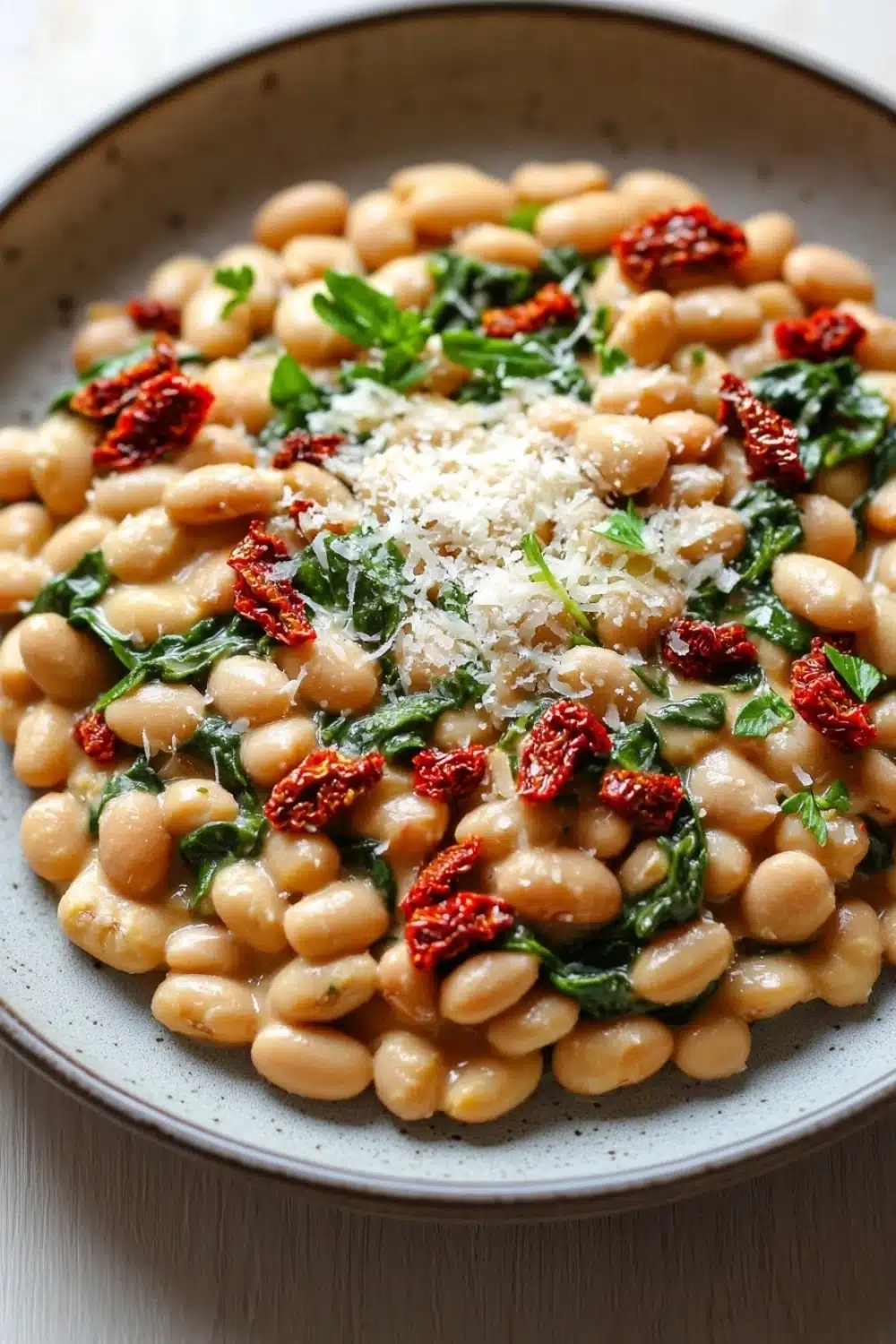 One pot creamy tuscan bean and sundried tomato skillet - the image is a close-up of a plate of white beans with spinach and sun-dried tomatoes. the beans are white and appear to be cooked until they are soft and fluffy. the spinach is a vibrant green color and is scattered throughout the dish. on top of the beans, there is a generous amount of grated parmesan cheese. the plate is gray and has a textured surface. the background is blurred, but it appears to be a wooden table.