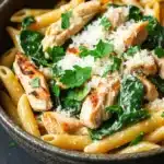 One pot garlic chicken pasta - the image is a close-up of a bowl of pasta dish. the pasta appears to be penne, which is a type of penne pasta. it is cooked al dente and is garnished with fresh spinach leaves and grated parmesan cheese. the dish is served in a dark brown bowl with a wooden table in the background. the overall color palette of the dish is warm and inviting, with the pasta being a golden yellow and the spinach leaves a vibrant green.