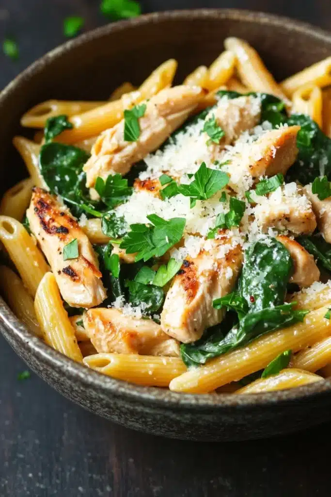 One pot garlic chicken pasta - the image is a close-up of a bowl of pasta dish. the pasta appears to be penne, which is a type of penne pasta. it is cooked al dente and is garnished with fresh spinach leaves and grated parmesan cheese. the dish is served in a dark brown bowl with a wooden table in the background. the overall color palette of the dish is warm and inviting, with the pasta being a golden yellow and the spinach leaves a vibrant green.
