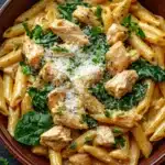 One pot garlic chicken pasta - the image is a close-up of a bowl of pasta dish. the pasta appears to be penne, which is a type of penne pasta, and is cooked in a creamy sauce. the dish is garnished with fresh spinach leaves and grated parmesan cheese. the bowl is made of ceramic and is sitting on a dark grey countertop. there are a few sprigs of parsley scattered around the bowl, adding a pop of green color to the dish.