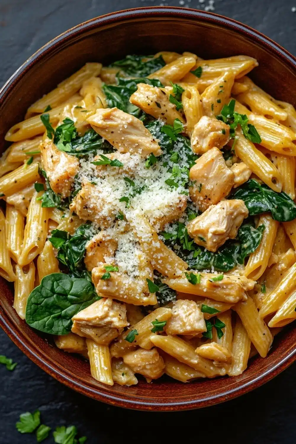 One pot garlic chicken pasta - the image is a close-up of a bowl of pasta dish. the pasta appears to be penne, which is a type of penne pasta, and is cooked in a creamy sauce. the dish is garnished with fresh spinach leaves and grated parmesan cheese. the bowl is made of ceramic and is sitting on a dark grey countertop. there are a few sprigs of parsley scattered around the bowl, adding a pop of green color to the dish.
