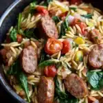 One pot italian sausage orzo pasta - the image is a close-up of a dish in a black bowl. the dish appears to be a type of pasta salad with sausage, cherry tomatoes, and spinach. the sausage is cooked to a golden brown color and is arranged in a circular pattern on top of the pasta. the cherry tomatoes are bright red and are scattered throughout the dish, while the spinach is a vibrant green color. the pasta is cooked until soft and fluffy, and the dish is garnished with chopped onions and red bell peppers. the bowl is sitting on a wooden table.