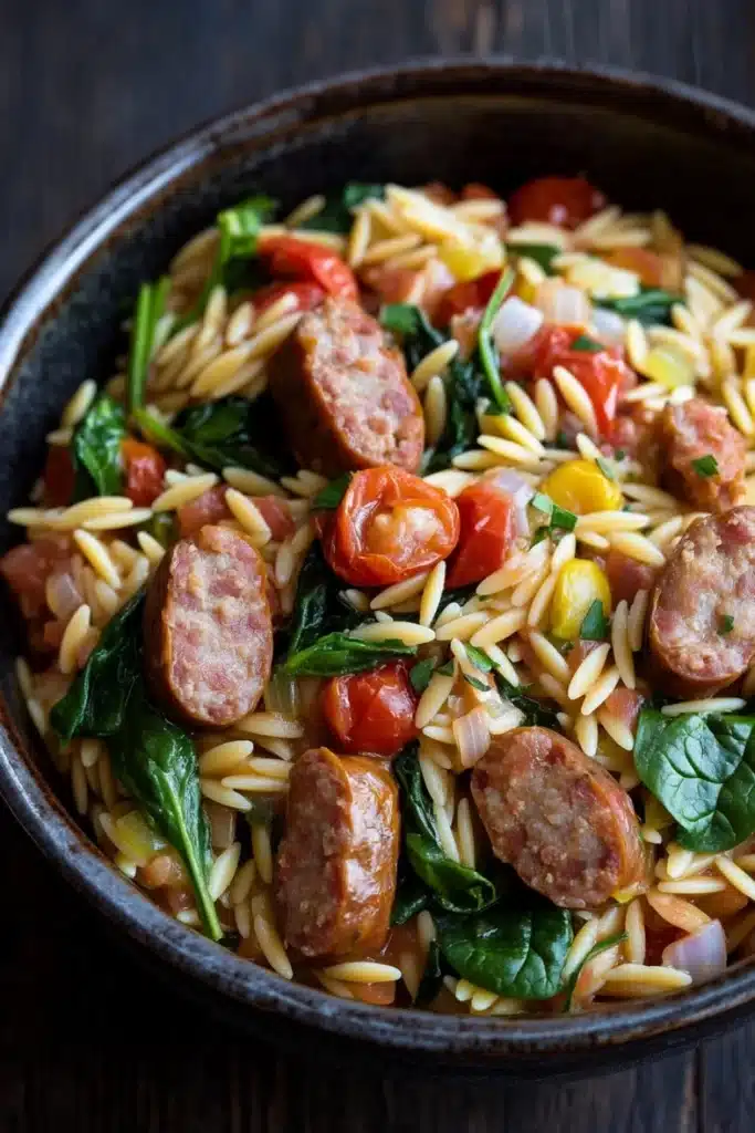 One pot italian sausage orzo pasta - the image is a close-up of a dish in a black bowl. the dish appears to be a type of pasta salad with sausage, cherry tomatoes, and spinach. the sausage is cooked to a golden brown color and is arranged in a circular pattern on top of the pasta. the cherry tomatoes are bright red and are scattered throughout the dish, while the spinach is a vibrant green color. the pasta is cooked until soft and fluffy, and the dish is garnished with chopped onions and red bell peppers. the bowl is sitting on a wooden table.