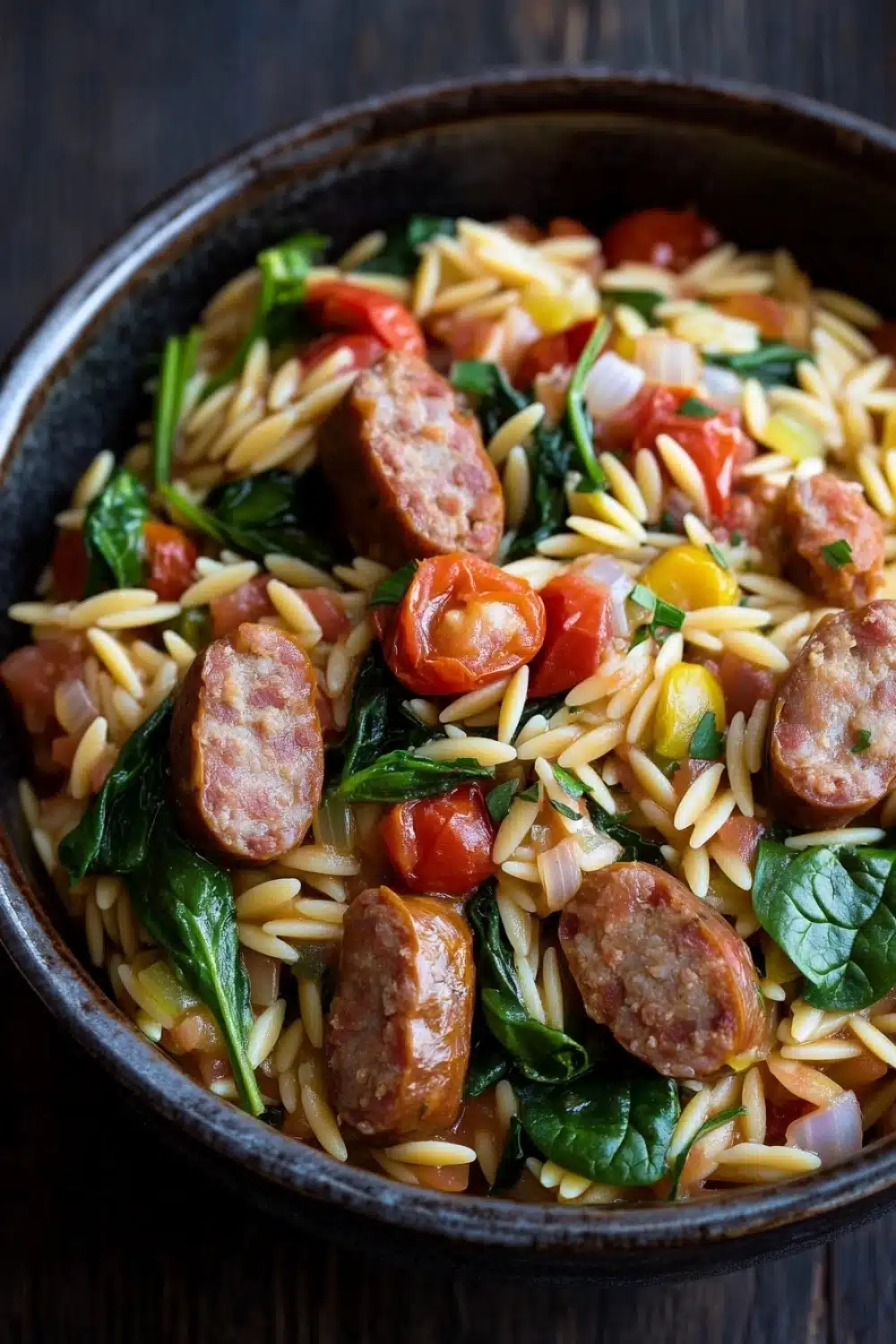One pot italian sausage orzo pasta - the image is a close-up of a dish in a black bowl. the dish appears to be a type of pasta salad with sausage, cherry tomatoes, and spinach. the sausage is cooked to a golden brown color and is arranged in a circular pattern on top of the pasta. the cherry tomatoes are bright red and are scattered throughout the dish, while the spinach is a vibrant green color. the pasta is cooked until soft and fluffy, and the dish is garnished with chopped onions and red bell peppers. the bowl is sitting on a wooden table.