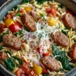 One pot italian sausage orzo pasta - the image is a close-up of a bowl of pasta dish. the dish appears to be a type of pasta salad with sausage, cherry tomatoes, and spinach. the sausage is cooked to a golden brown color and is arranged in a circular pattern on top of the pasta. the cherry tomatoes are bright red and yellow, and the spinach is a vibrant green. the pasta is cooked until soft and fluffy, and there is a sprinkle of grated parmesan cheese on top. the bowl is made of ceramic and is sitting on a wooden table.