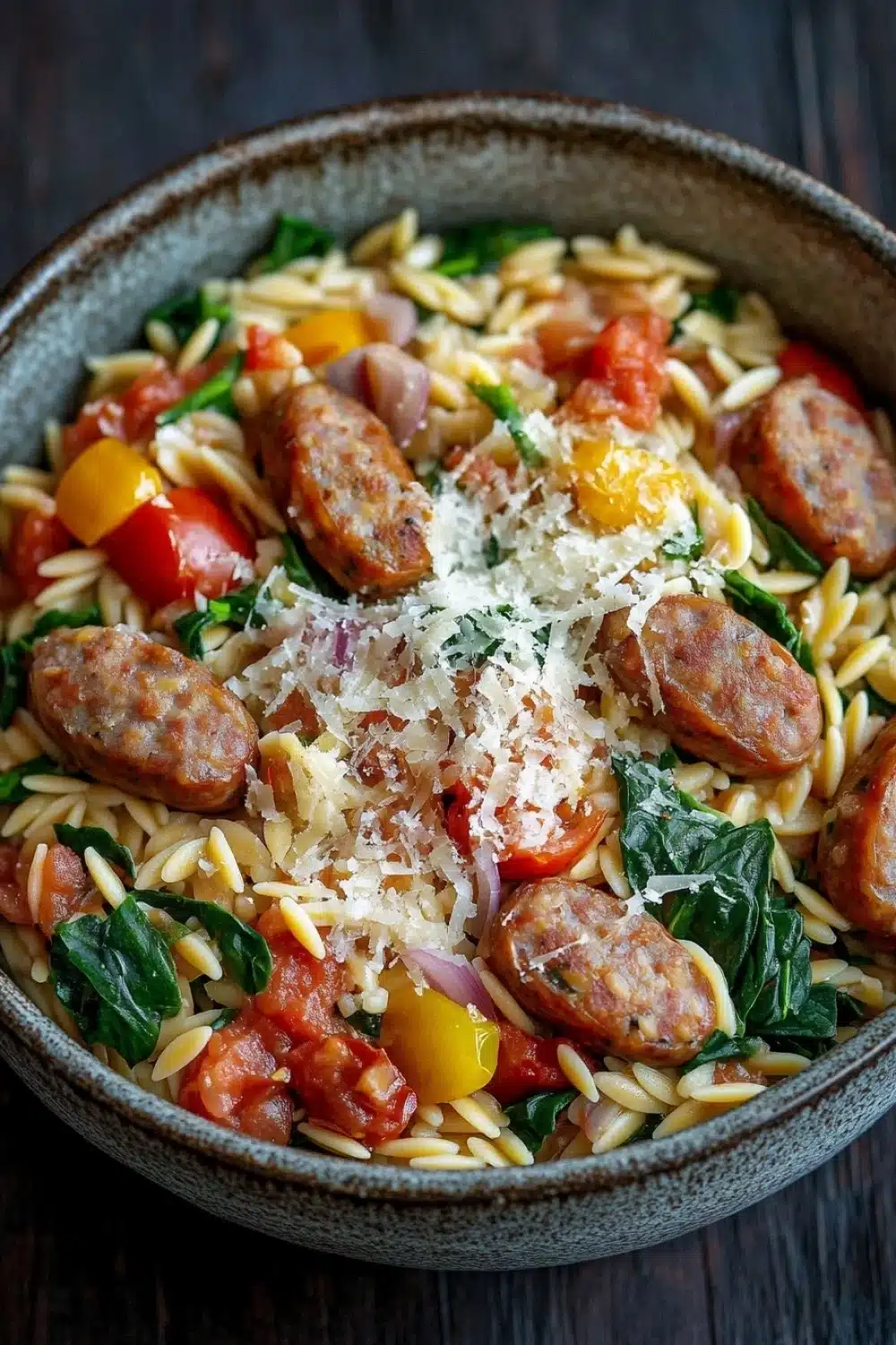 One pot italian sausage orzo pasta - the image is a close-up of a bowl of pasta dish. the dish appears to be a type of pasta salad with sausage, cherry tomatoes, and spinach. the sausage is cooked to a golden brown color and is arranged in a circular pattern on top of the pasta. the cherry tomatoes are bright red and yellow, and the spinach is a vibrant green. the pasta is cooked until soft and fluffy, and there is a sprinkle of grated parmesan cheese on top. the bowl is made of ceramic and is sitting on a wooden table.