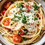 One pot pasta and dutch oven - the image is a close-up of a bowl of spaghetti dish. the bowl is made of ceramic and has a light brown color. the spaghetti is cooked al dente and is topped with a generous amount of grated parmesan cheese and fresh herbs. there are also sliced cherry tomatoes scattered throughout the dish, adding a pop of color and texture. the dish is garnished with a sprig of fresh parsley. the background is a white marble countertop.