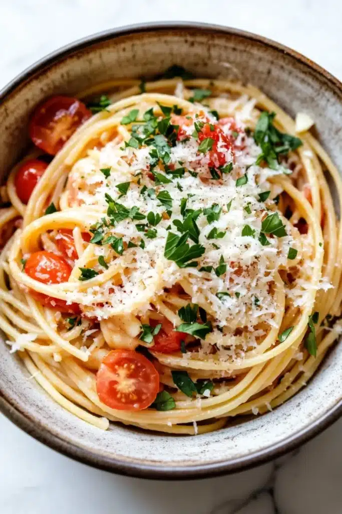 One pot pasta and dutch oven - the image is a close-up of a bowl of spaghetti dish. the bowl is made of ceramic and has a light brown color. the spaghetti is cooked al dente and is topped with a generous amount of grated parmesan cheese and fresh herbs. there are also sliced cherry tomatoes scattered throughout the dish, adding a pop of color and texture. the dish is garnished with a sprig of fresh parsley. the background is a white marble countertop.