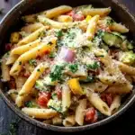 One pot pasta and dutch oven - the image is a close-up of a bowl of pasta dish. the pasta appears to be penne, which is a type of penne pasta, and it is mixed with various vegetables such as zucchini, tomatoes, and onions. the dish is garnished with chopped parsley and grated parmesan cheese. the bowl is made of dark brown ceramic and is sitting on a wooden table. there are a few sprigs of parsley scattered around the bowl, adding a pop of green color to the dish.