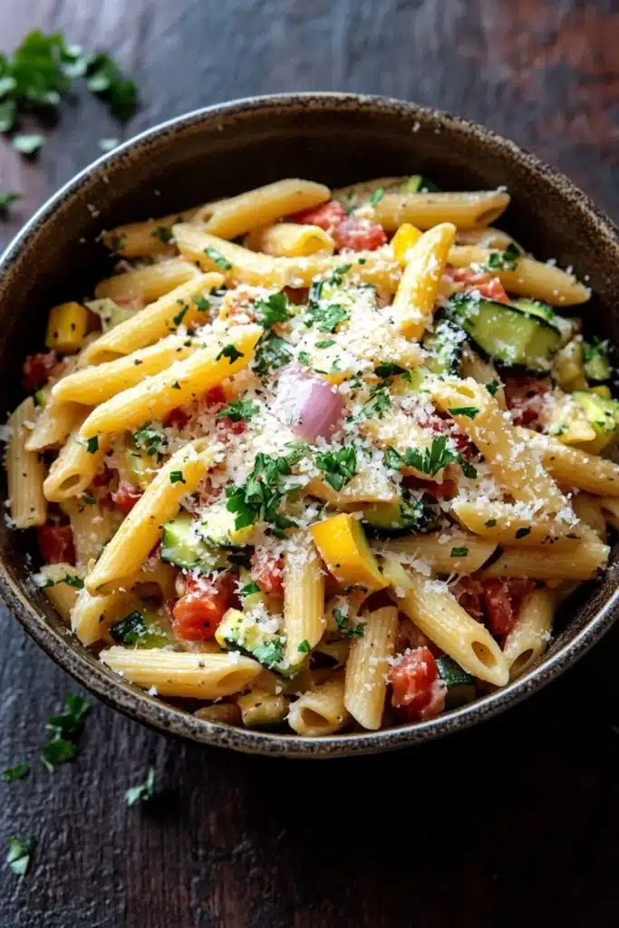 One pot pasta and dutch oven - the image is a close-up of a bowl of pasta dish. the pasta appears to be penne, which is a type of penne pasta, and it is mixed with various vegetables such as zucchini, tomatoes, and onions. the dish is garnished with chopped parsley and grated parmesan cheese. the bowl is made of dark brown ceramic and is sitting on a wooden table. there are a few sprigs of parsley scattered around the bowl, adding a pop of green color to the dish.