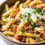 One pot pasta and ground beef - the image is a close-up of a bowl of pasta dish. the pasta appears to be penne, which is a type of penne pasta, and it is topped with ground beef, tomato sauce, and grated parmesan cheese. the dish is garnished with fresh parsley. the bowl is made of ceramic and is sitting on a white countertop. the background is blurred, so the focus is on the dish.