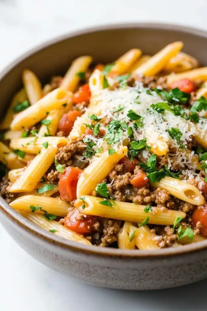 One pot pasta and ground beef - the image is a close-up of a bowl of pasta dish. the pasta appears to be penne, which is a type of penne pasta, and it is topped with ground beef, tomato sauce, and grated parmesan cheese. the dish is garnished with fresh parsley. the bowl is made of ceramic and is sitting on a white countertop. the background is blurred, so the focus is on the dish.