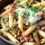 One pot pasta and ground beef - the image is a close-up of a bowl of pasta dish. the pasta appears to be penne, which is a type of penne pasta, and is cooked in a tomato-based sauce. the dish is garnished with chopped parsley and grated parmesan cheese. there are also chunks of red bell peppers scattered throughout the dish, adding a pop of color. the bowl is made of dark brown ceramic and is sitting on a wooden table. the background is blurred, making the pasta the focal point of the image.