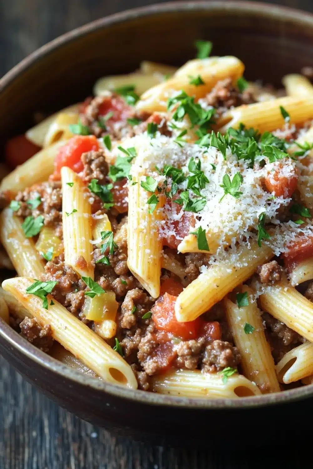 One pot pasta and ground beef - the image is a close-up of a bowl of pasta dish. the pasta appears to be penne, which is a type of penne pasta, and is cooked in a tomato-based sauce. the dish is garnished with chopped parsley and grated parmesan cheese. there are also chunks of red bell peppers scattered throughout the dish, adding a pop of color. the bowl is made of dark brown ceramic and is sitting on a wooden table. the background is blurred, making the pasta the focal point of the image.