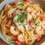One pot pasta crevette - the image is a close-up of a plate of pasta dish. the pasta appears to be fettuccine alfredo, with chunks of shrimp and cherry tomatoes scattered throughout. the dish is garnished with chopped parsley and grated parmesan cheese. the plate is sitting on a wooden table, and the background is blurred, making the pasta the focal point of the image.