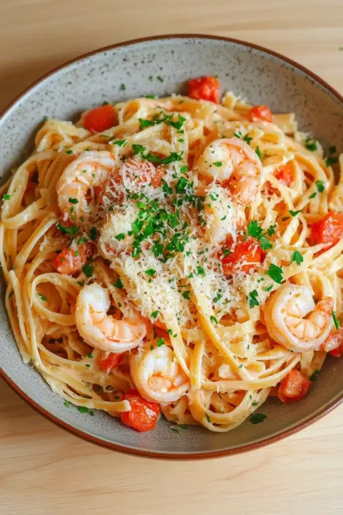 One pot pasta crevette - the image is a close-up of a plate of pasta dish. the pasta appears to be fettuccine alfredo, with chunks of shrimp and cherry tomatoes scattered throughout. the dish is garnished with chopped parsley and grated parmesan cheese. the plate is sitting on a wooden table, and the background is blurred, making the pasta the focal point of the image.
