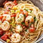 One pot pasta crevette - the image is a close-up of a bowl of spaghetti with shrimp and tomato sauce. the spaghetti is cooked al dente and is topped with chunks of shrimp, diced tomatoes, and chopped herbs. the dish is garnished with a sprig of parsley. the bowl is made of ceramic and is sitting on a white marble countertop. the background is blurred, making the dish the focal point of the image.