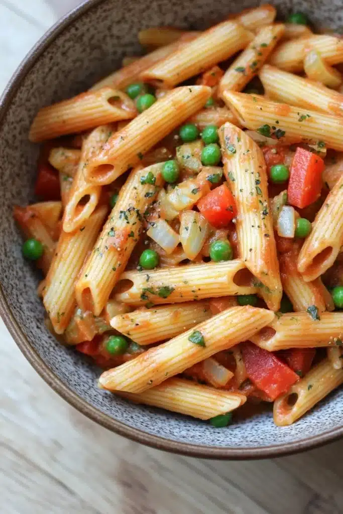 One pot pasta mit erbsen und paprika - the image is a close-up of a bowl of pasta dish. the pasta appears to be penne, which is a type of penne pasta, and it is cooked in a tomato-based sauce. the dish is garnished with chopped herbs, including parsley, and there are small pieces of red and green peas scattered throughout. the colors of the dish are vibrant and the texture looks fresh and appetizing. the bowl is made of ceramic and is sitting on a wooden table.