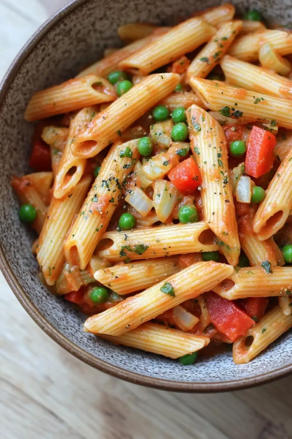 One pot pasta mit erbsen und paprika - the image is a close-up of a bowl of pasta dish. the pasta appears to be penne, which is a type of penne pasta, and it is cooked in a tomato-based sauce. the dish is garnished with chopped herbs, including parsley, and there are small pieces of red and green peas scattered throughout. the colors of the dish are vibrant and the texture looks fresh and appetizing. the bowl is made of ceramic and is sitting on a wooden table.