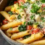 One pot pasta recettes four - the image is a close-up of a bowl of pasta dish. the pasta appears to be penne, which is a type of penne pasta, and is cooked in a tomato-based sauce. the dish is garnished with fresh basil leaves and crumbled parmesan cheese. the bowl is made of ceramic and is sitting on a wooden table. the colors of the dish are vibrant and the texture looks fresh and appetizing.