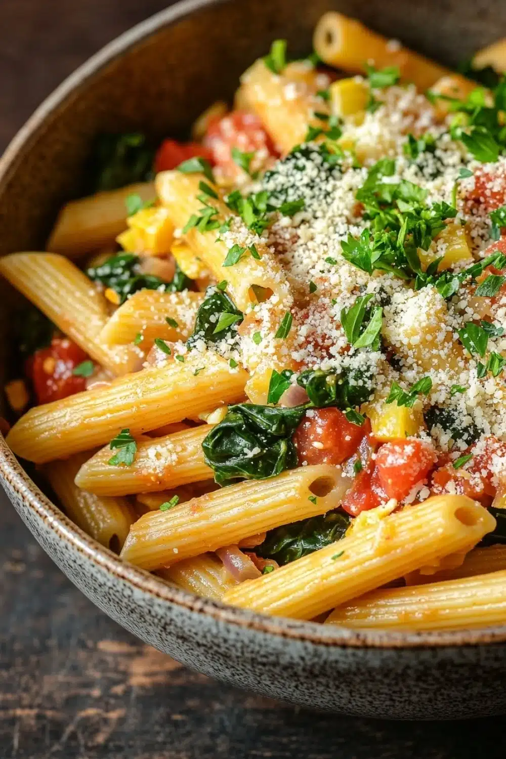 One pot pasta recettes four - the image is a close-up of a bowl of pasta dish. the pasta appears to be penne, which is a type of penne pasta, and is cooked in a tomato-based sauce. the dish is garnished with fresh basil leaves and crumbled parmesan cheese. the bowl is made of ceramic and is sitting on a wooden table. the colors of the dish are vibrant and the texture looks fresh and appetizing.