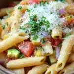 One pot pasta recettes four - the image is a close-up of a bowl of pasta dish. the pasta appears to be penne, which is a type of penne pasta, and is cooked al dente. the dish is garnished with chopped herbs and grated parmesan cheese. there are also diced tomatoes, zucchini, and red onions mixed in with the pasta. the colors of the dish are vibrant and the texture looks fresh and appetizing. the bowl is made of ceramic and is sitting on a wooden table.
