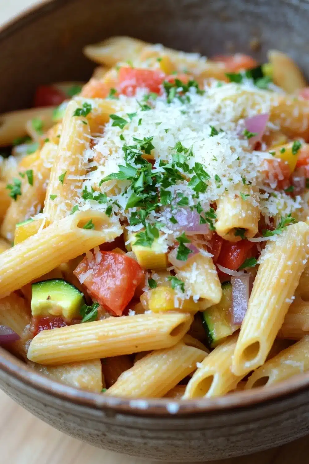 One pot pasta recettes four - the image is a close-up of a bowl of pasta dish. the pasta appears to be penne, which is a type of penne pasta, and is cooked al dente. the dish is garnished with chopped herbs and grated parmesan cheese. there are also diced tomatoes, zucchini, and red onions mixed in with the pasta. the colors of the dish are vibrant and the texture looks fresh and appetizing. the bowl is made of ceramic and is sitting on a wooden table.