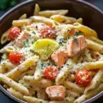 One pot pasta saumon - the image is a close-up of a bowl of pasta dish. the pasta appears to be penne, which is a type of penne pasta. it is cooked al dente and is topped with chunks of salmon, cherry tomatoes, and grated parmesan cheese. the dish is garnished with fresh herbs and a lemon wedge. the bowl is made of dark brown ceramic and is sitting on a wooden table. in the background, there are two onions and a sprig of parsley.