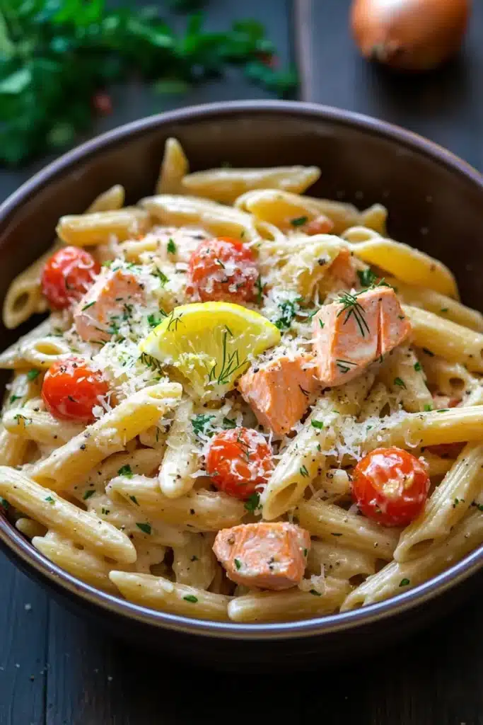 One pot pasta saumon - the image is a close-up of a bowl of pasta dish. the pasta appears to be penne, which is a type of penne pasta. it is cooked al dente and is topped with chunks of salmon, cherry tomatoes, and grated parmesan cheese. the dish is garnished with fresh herbs and a lemon wedge. the bowl is made of dark brown ceramic and is sitting on a wooden table. in the background, there are two onions and a sprig of parsley.