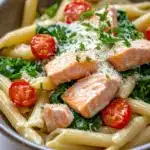 One pot pasta saumon - the image is a close-up of a bowl of pasta dish. the pasta appears to be penne, and it is cooked al dente. on top of the pasta, there are two pieces of salmon, which are cooked to a golden brown color. the salmon is garnished with chopped parsley and cherry tomatoes. the dish is served in a brown bowl with a white rim. the background is a wooden table.