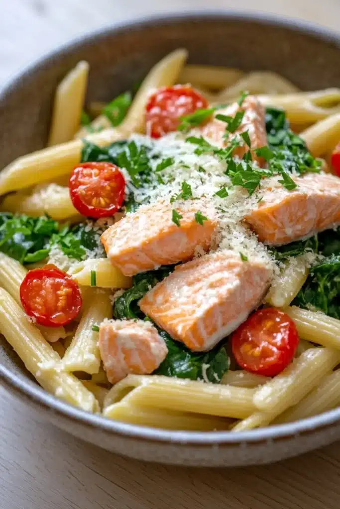 One pot pasta saumon - the image is a close-up of a bowl of pasta dish. the pasta appears to be penne, and it is cooked al dente. on top of the pasta, there are two pieces of salmon, which are cooked to a golden brown color. the salmon is garnished with chopped parsley and cherry tomatoes. the dish is served in a brown bowl with a white rim. the background is a wooden table.