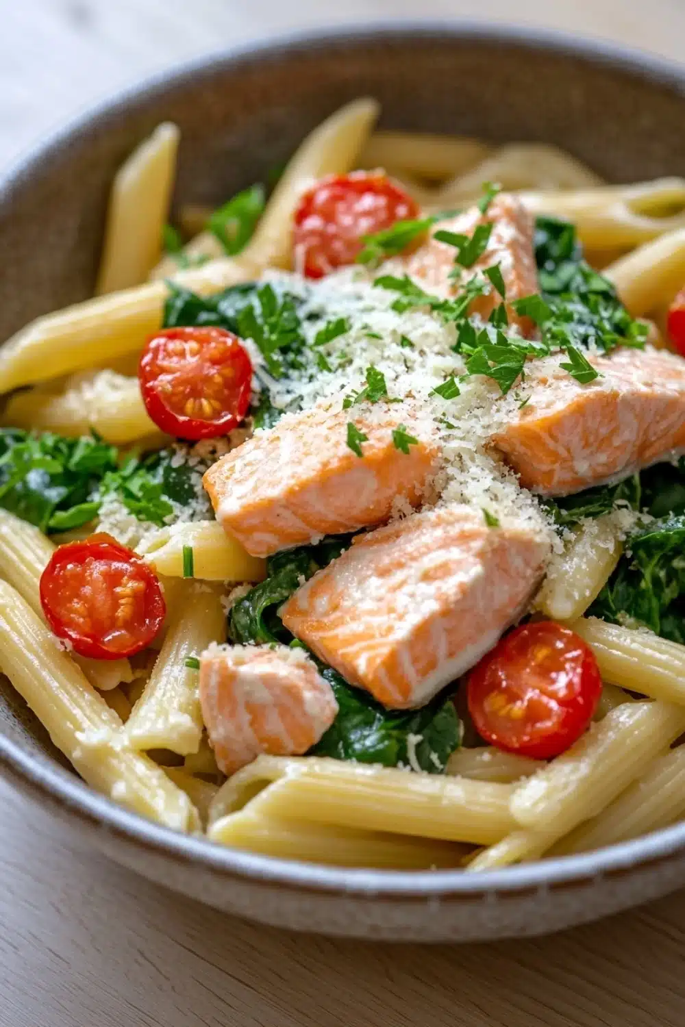 One pot pasta saumon - the image is a close-up of a bowl of pasta dish. the pasta appears to be penne, and it is cooked al dente. on top of the pasta, there are two pieces of salmon, which are cooked to a golden brown color. the salmon is garnished with chopped parsley and cherry tomatoes. the dish is served in a brown bowl with a white rim. the background is a wooden table.