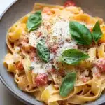 One pot pasta tagliatelle - the image is a close-up of a plate of pasta dish. the pasta appears to be fettuccine alfredo, which is a type of penne pasta, and is cooked al dente. the dish is garnished with fresh basil leaves and a sprinkle of parmesan cheese on top. there are also small chunks of tomato sauce scattered throughout the dish, adding a pop of color and texture. the plate is a light brown color and is sitting on a white tablecloth.