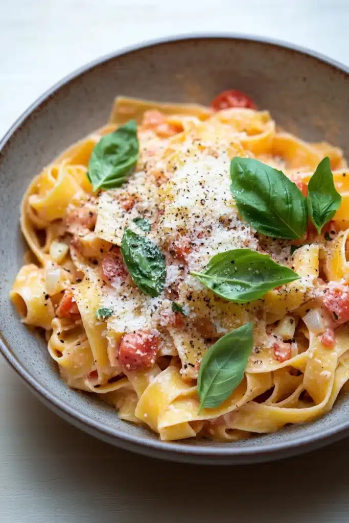 One pot pasta tagliatelle - the image is a close-up of a plate of pasta dish. the pasta appears to be fettuccine alfredo, which is a type of penne pasta, and is cooked al dente. the dish is garnished with fresh basil leaves and a sprinkle of parmesan cheese on top. there are also small chunks of tomato sauce scattered throughout the dish, adding a pop of color and texture. the plate is a light brown color and is sitting on a white tablecloth.