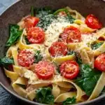 One pot pasta tagliatelle - the image is a close-up of a bowl of pasta dish. the pasta appears to be fettuccine alfredo, which is a type of italian pasta. it is cooked al dente and is topped with sliced cherry tomatoes and fresh spinach leaves. the dish is garnished with grated parmesan cheese. the bowl is made of ceramic and is sitting on a dark grey countertop. the overall color scheme of the dish is warm and inviting.
