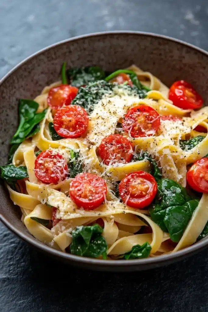 One pot pasta tagliatelle - the image is a close-up of a bowl of pasta dish. the pasta appears to be fettuccine alfredo, which is a type of italian pasta. it is cooked al dente and is topped with sliced cherry tomatoes and fresh spinach leaves. the dish is garnished with grated parmesan cheese. the bowl is made of ceramic and is sitting on a dark grey countertop. the overall color scheme of the dish is warm and inviting.