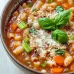One pot pasta tomatensoe - the image is a close-up of a bowl of soup. the soup appears to be a tomato-based pasta dish with chunks of carrots, celery, and herbs mixed in. the bowl is made of ceramic and has a brown rim. on top of the soup, there is a sprinkle of grated cheese and a sprig of fresh basil. the background is a white wooden table.