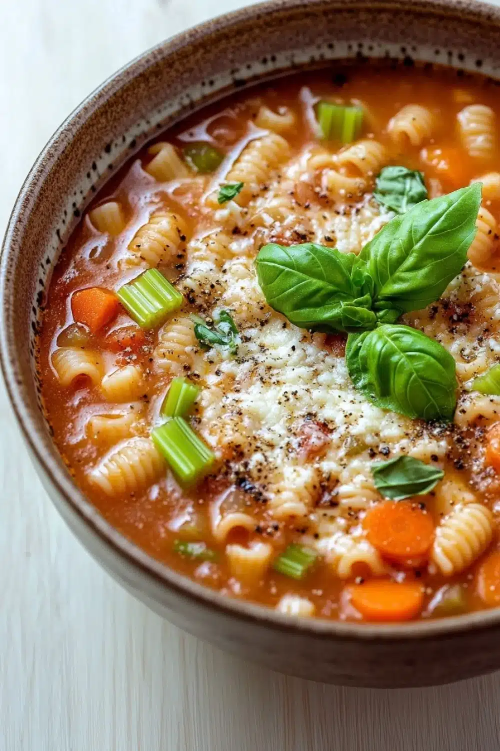 One pot pasta tomatensoe - the image is a close-up of a bowl of soup. the soup appears to be a tomato-based pasta dish with chunks of carrots, celery, and herbs mixed in. the bowl is made of ceramic and has a brown rim. on top of the soup, there is a sprinkle of grated cheese and a sprig of fresh basil. the background is a white wooden table.