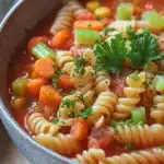 One pot pasta tomatensoe - the image is a close-up of a bowl of soup. the soup appears to be a tomato-based broth with chunks of carrots, celery, and corn visible in the broth. the bowl is made of ceramic and has a speckled pattern on the sides. there is a sprig of parsley on top of the soup, adding a pop of green color to the dish. the background is blurred, but it seems to be an indoor setting with a wooden table and a gray napkin.
