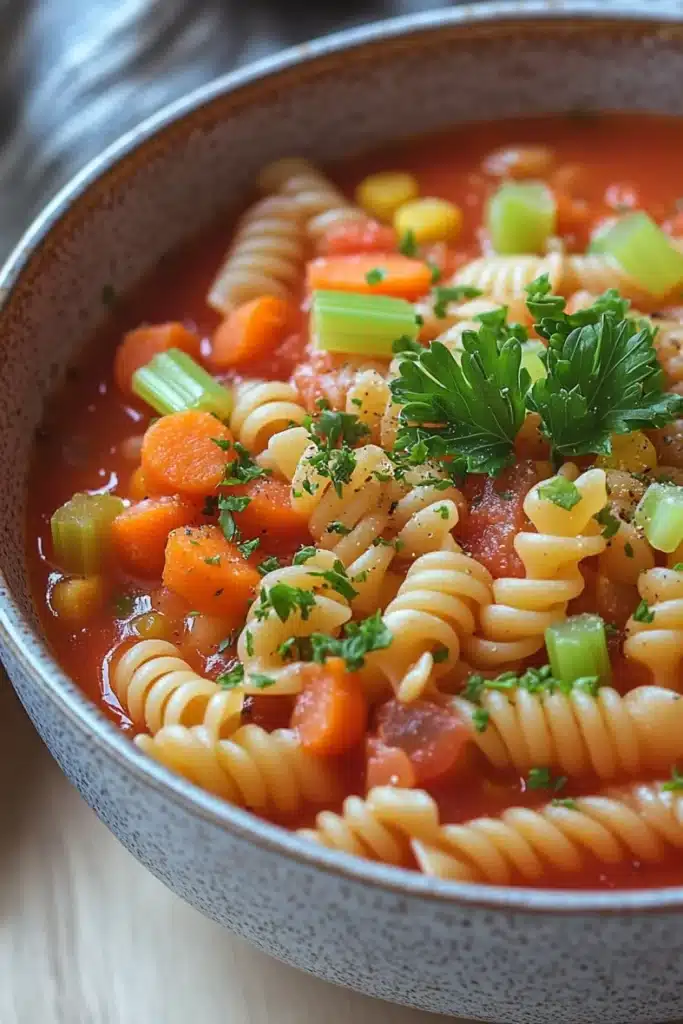 One pot pasta tomatensoe - the image is a close-up of a bowl of soup. the soup appears to be a tomato-based broth with chunks of carrots, celery, and corn visible in the broth. the bowl is made of ceramic and has a speckled pattern on the sides. there is a sprig of parsley on top of the soup, adding a pop of green color to the dish. the background is blurred, but it seems to be an indoor setting with a wooden table and a gray napkin.