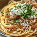 One pot pasta zwiebel - the image is a close-up of a plate of spaghetti. the spaghetti is cooked al dente and is topped with a generous amount of grated parmesan cheese. the dish is garnished with fresh parsley and sliced onions. the plate is made of dark brown ceramic and is sitting on a wooden table. the background is blurred, but it appears to be a kitchen countertop.