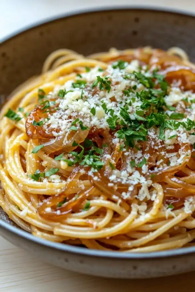 One pot pasta zwiebel - the image is a close-up of a plate of spaghetti. the spaghetti is cooked al dente and is topped with a generous amount of grated parmesan cheese. the dish is garnished with fresh parsley and sliced onions. the plate is made of dark brown ceramic and is sitting on a wooden table. the background is blurred, but it appears to be a kitchen countertop.