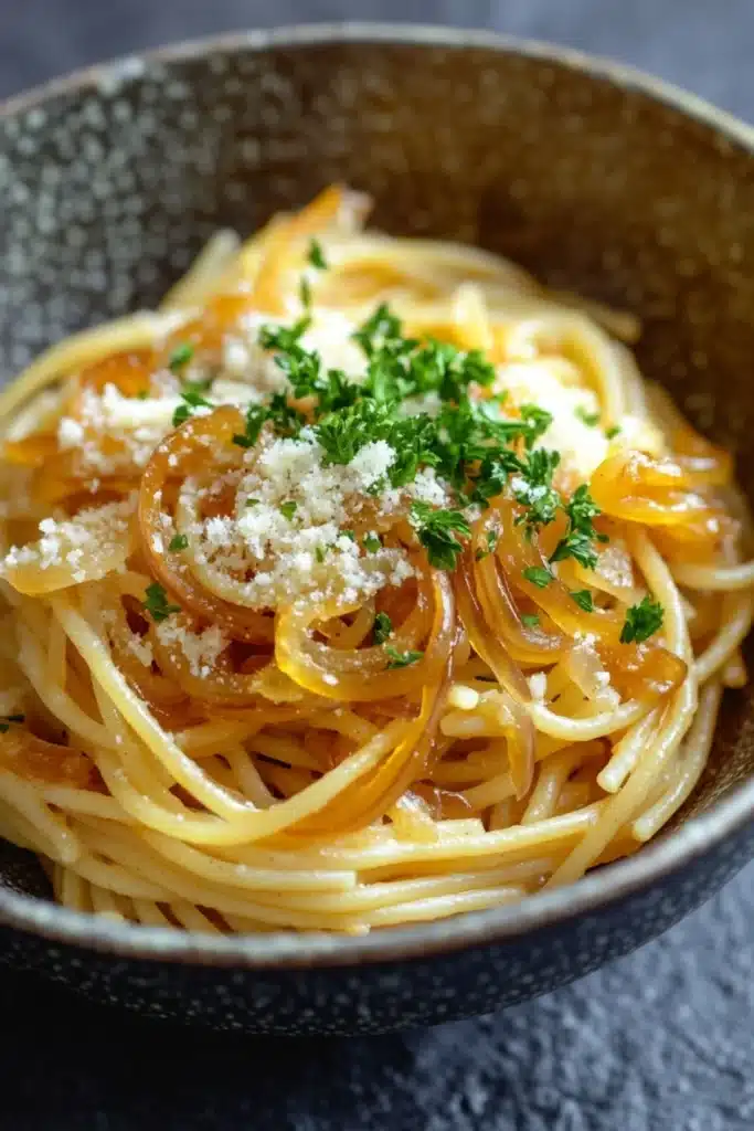 One pot pasta zwiebel - the image is a close-up of a bowl of spaghetti. the spaghetti is cooked al dente and is topped with sliced onions and grated parmesan cheese. the dish is garnished with a sprig of fresh parsley. the bowl is made of ceramic and has a dark brown color with a speckled pattern. the background is blurred, but it appears to be a kitchen countertop.