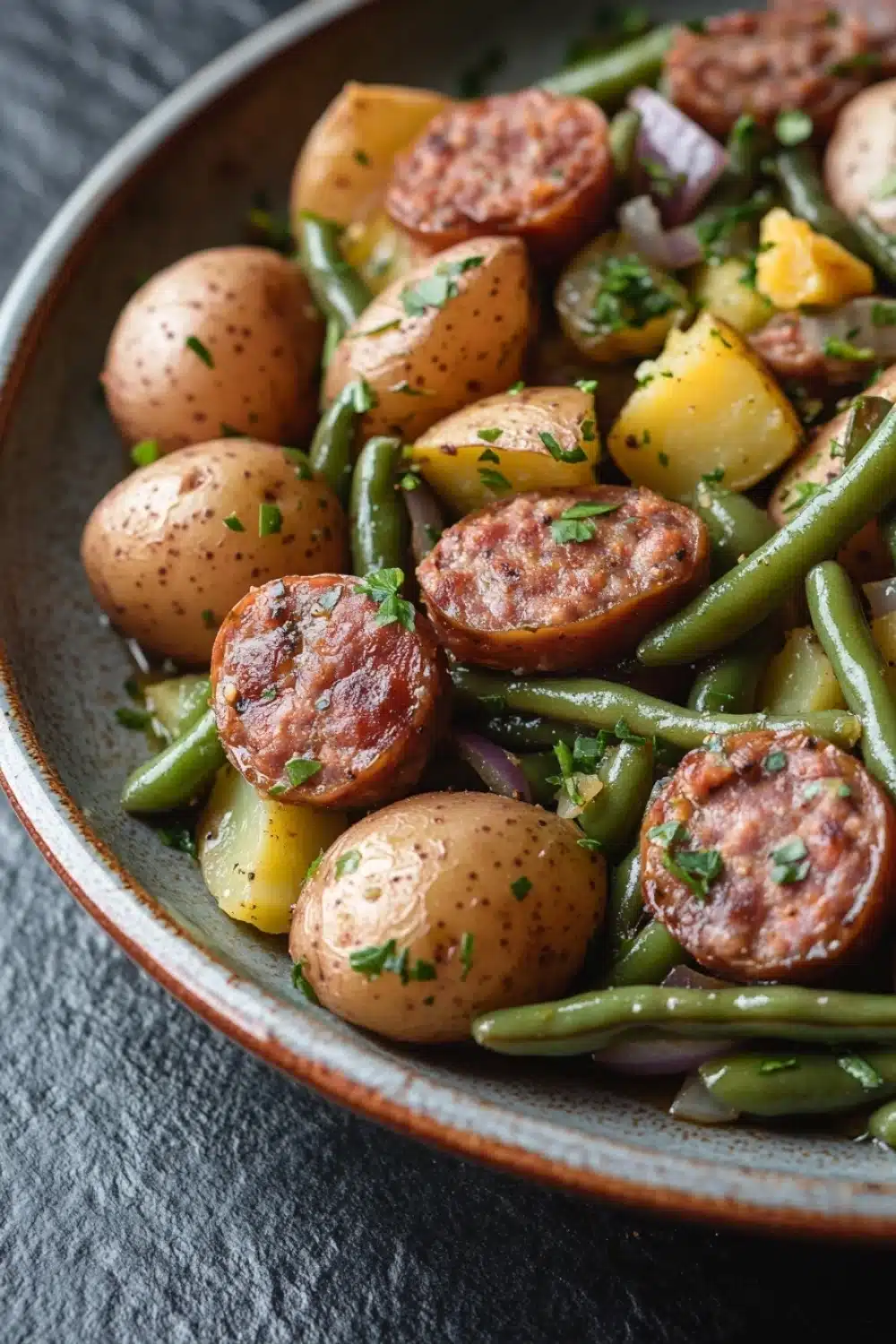 One pot sausage green beans potatoes - the image is a close-up of a plate of food. the plate is made of ceramic and is placed on a dark grey tablecloth. the food appears to be a salad with green beans, potatoes, and sausage. the potatoes are golden brown and appear to be seasoned with herbs and spices. the sausage is cut into small cubes and is arranged in a circular pattern on top of the green beans. the green beans are bright green and look fresh and vibrant. there are also small pieces of yellow bell peppers scattered throughout the salad. the overall appearance of the dish is colorful and appetizing.