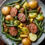 One pot sausage green beans potatoes - the image is a close-up of a plate of food. the plate is made of a dark grey ceramic bowl with a speckled pattern. the food is a mix of green beans, potatoes, and sausage. the potatoes are yellow and appear to be seasoned with herbs and spices. the sausage is cut into small cubes and is arranged in a pile on top of the green beans. there are also some chopped herbs scattered throughout the dish. the dish is garnished with a sprig of parsley. the background is a wooden table.