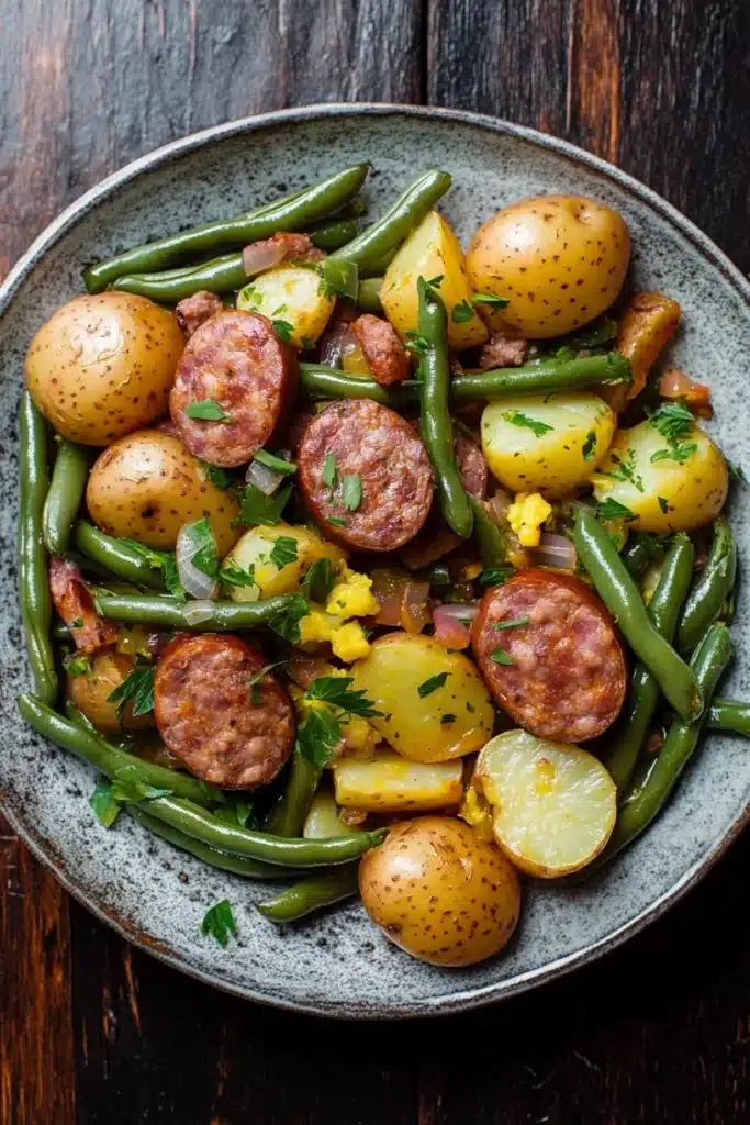 One pot sausage green beans potatoes - the image is a close-up of a plate of food. the plate is made of a dark grey ceramic bowl with a speckled pattern. the food is a mix of green beans, potatoes, and sausage. the potatoes are yellow and appear to be seasoned with herbs and spices. the sausage is cut into small cubes and is arranged in a pile on top of the green beans. there are also some chopped herbs scattered throughout the dish. the dish is garnished with a sprig of parsley. the background is a wooden table.