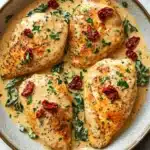 One skillet creamy sun dried tomato - the image shows a plate of cooked chicken breasts in a creamy sauce. the chicken breasts are golden brown and appear to be seasoned with herbs and spices. the sauce is a light yellow color and is drizzled over the top of the chicken breasts. there are also small chunks of red sun-dried tomatoes scattered throughout the sauce, adding a pop of color to the dish. the plate is sitting on a white marble countertop with a gray napkin and a sprig of parsley on the side.